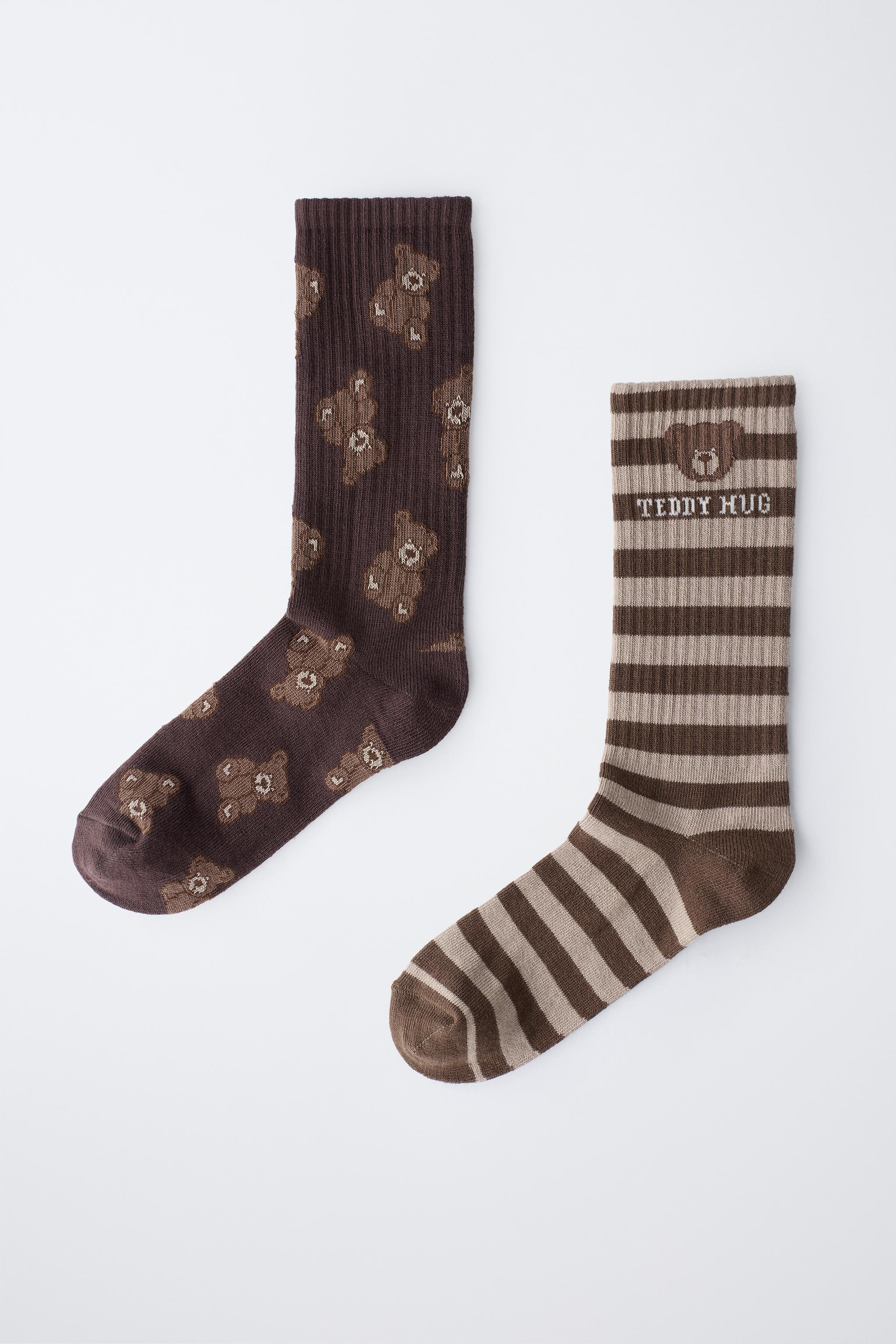 LOT DE DEUX PAIRES CHAUSSETTES MONTANTES OURSON ET RAYURES